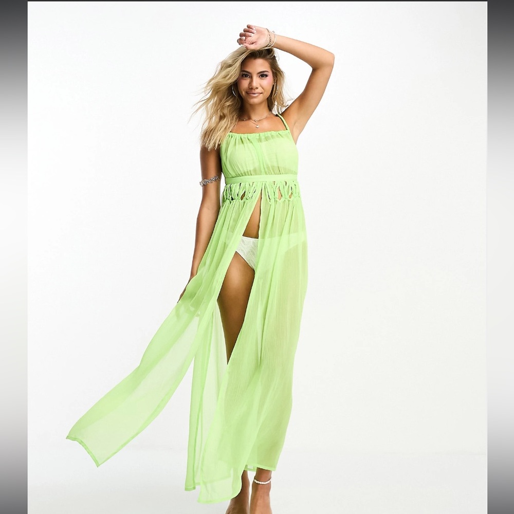 Miss Selfridge | Beach Cover up Dress | braided straps split front neon lime 14